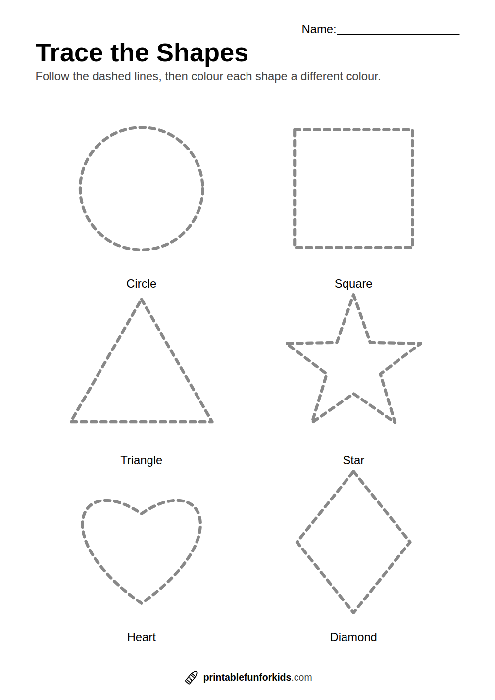 Tracing worksheet with dashed circle, square, triangle, star, heart and diamond