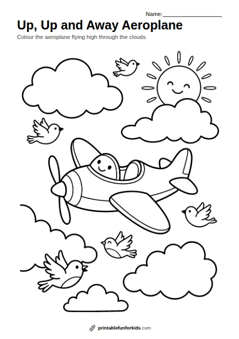 Line drawing of an aeroplane flying among clouds and birds, ready to colour in