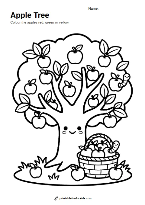Line drawing of an apple tree full of apples with a basket beside it, ready to colour in