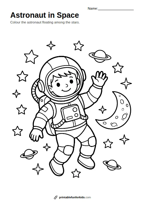 Line drawing of a smiling astronaut floating in space with stars and a moon, ready to colour in