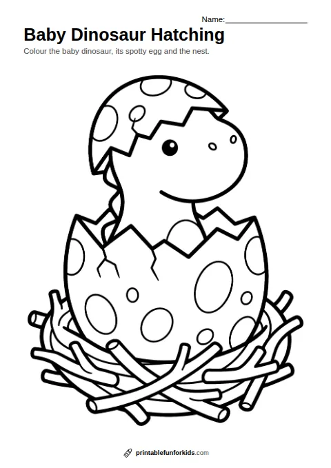 Line drawing of a baby dinosaur hatching from a spotty egg in a nest, ready to colour in