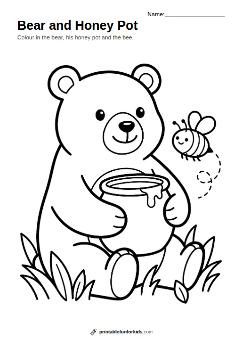 Line drawing of a cuddly bear holding a honey pot with a bee flying nearby, ready to colour in