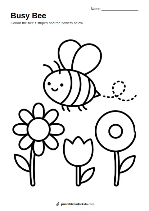 Line drawing of a smiling bee flying above three flowers, ready to colour in