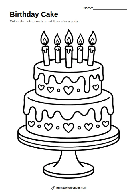 Line drawing of a smiling two-tier birthday cake with five candles, ready to colour in