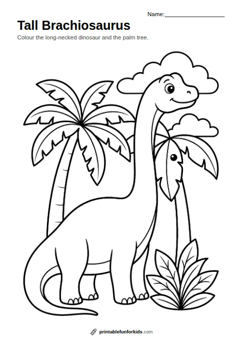 Line drawing of a long-necked brachiosaurus next to a palm tree, ready to colour in