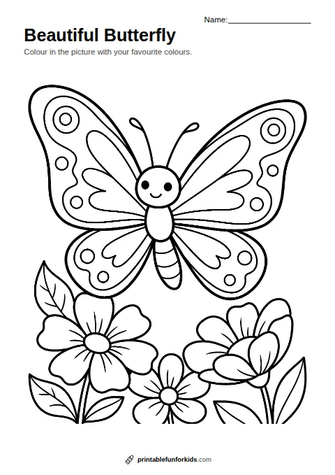 Line drawing of a butterfly with patterned wings, ready to colour in