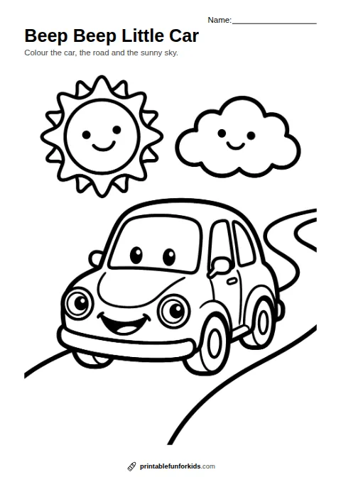 Line drawing of a little car on a road with the sun and a cloud, ready to colour in