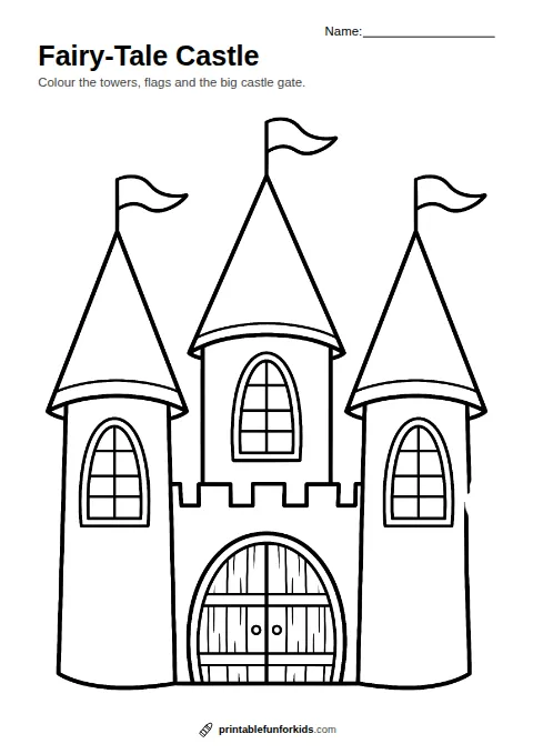 Line drawing of a fairy-tale castle with three pointed towers, flags and a wooden gate, ready to colour in