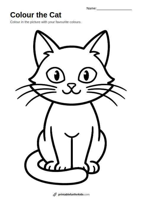 Line drawing of a sitting cat with pointy ears and whiskers, ready to colour in