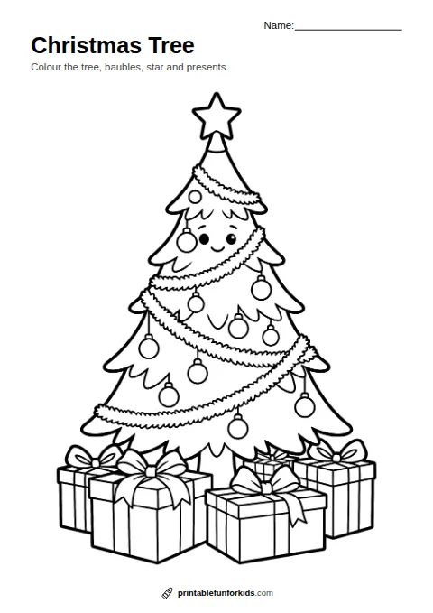 Line drawing of a decorated Christmas tree with a star and presents underneath, ready to colour in