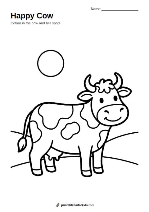 Line drawing of a spotty cow standing in a field under the sun, ready to colour in