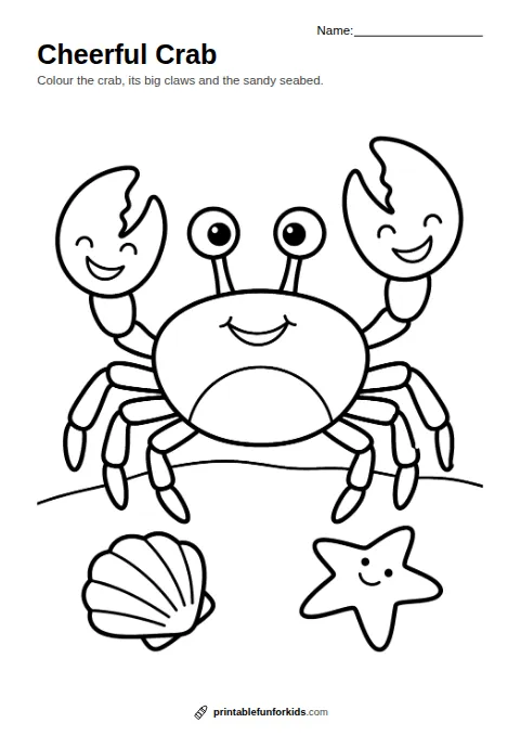 Line drawing of a cheerful crab waving its claws on the sand, ready to colour in