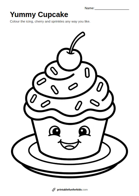 Line drawing of a smiling cupcake with swirly icing, sprinkles and a cherry, ready to colour in