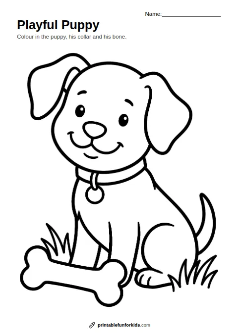 Line drawing of a happy puppy with a collar sitting next to a bone, ready to colour in