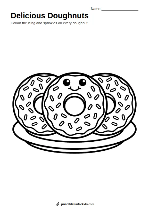Line drawing of three iced doughnuts with sprinkles on a plate, ready to colour in