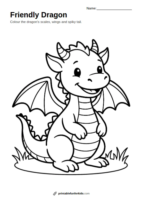 Line drawing of a cute friendly dragon with wings, horns and a spiky tail, ready to colour in