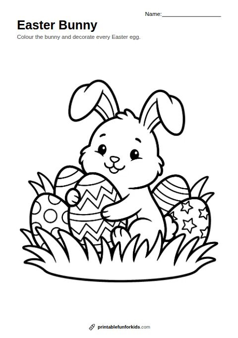 Line drawing of an Easter bunny holding a decorated egg with more eggs in the grass, ready to colour in
