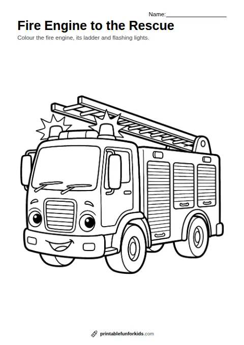 Line drawing of a fire engine with a ladder and flashing lights, ready to colour in