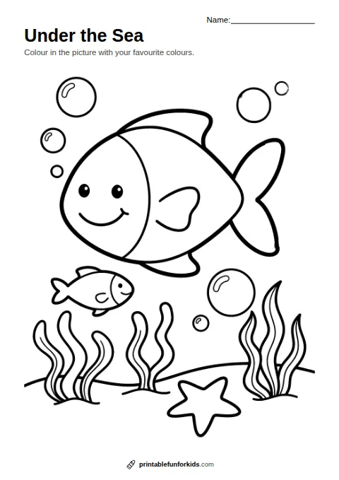 Line drawing of a big fish and a small fish swimming above seaweed and a starfish, ready to colour in