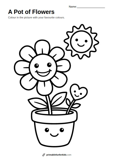 Line drawing of a smiling flower in a pot with the sun above, ready to colour in