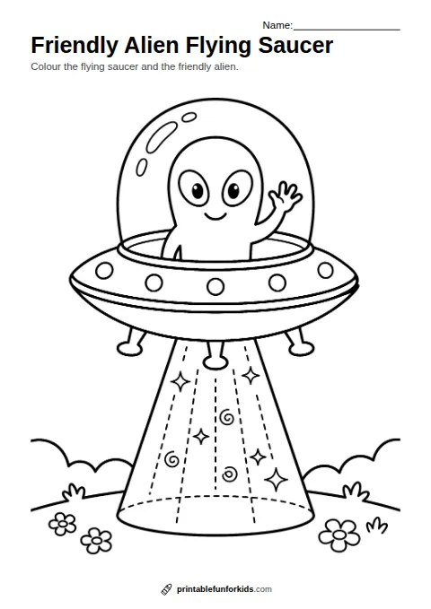 Line drawing of a flying saucer with a waving alien and a light beam, ready to colour in