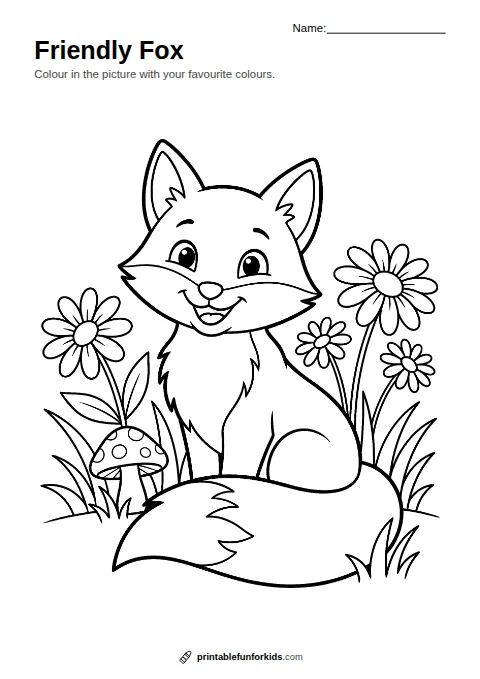 Line drawing of a smiling fox sitting in a meadow with daisies, grass and a spotty toadstool, ready to colour in