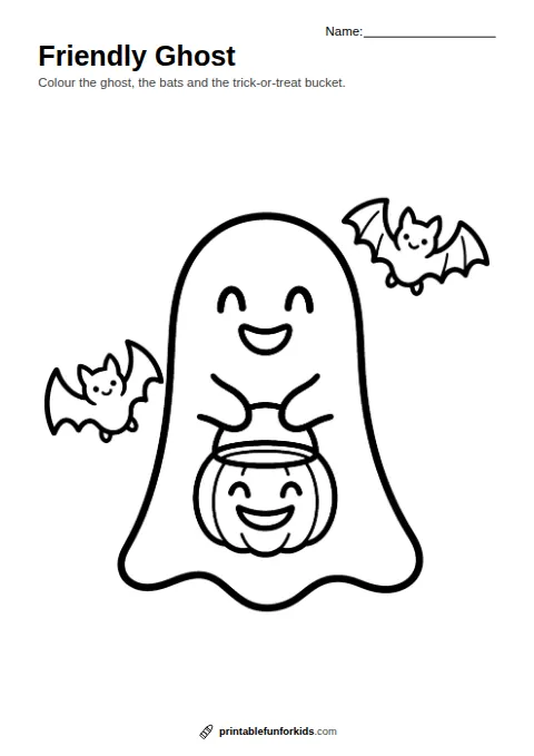 Line drawing of a smiling little ghost holding a pumpkin trick-or-treat bucket with two bats, ready to colour in