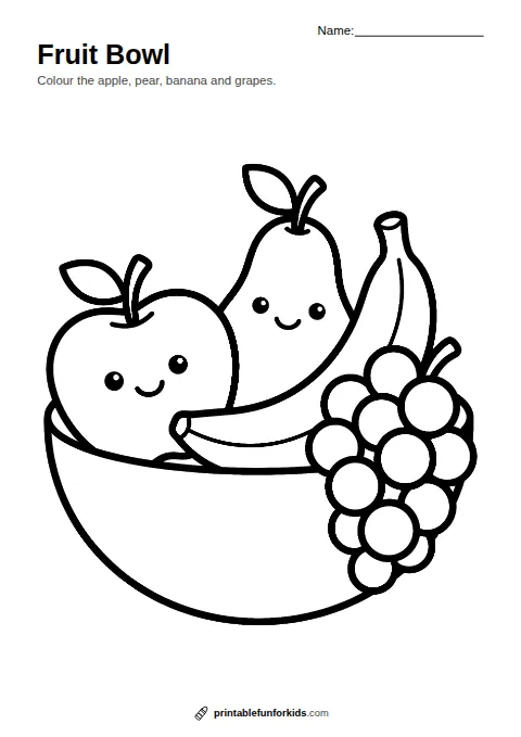 Line drawing of a fruit bowl with an apple, pear, banana and grapes, ready to colour in