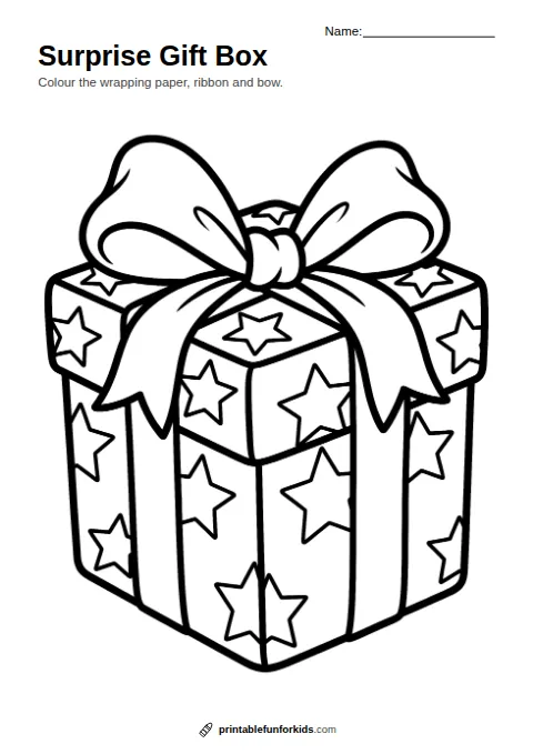 Line drawing of a wrapped gift box with stars, ribbon and a big bow, ready to colour in