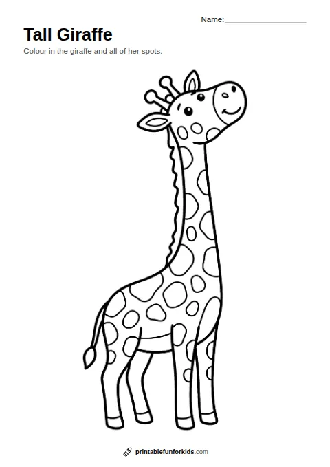 Line drawing of a tall spotty giraffe with a long neck, ready to colour in