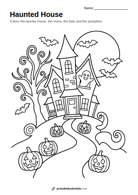 Line drawing of a haunted house on a hill under a full moon with bats, a ghost in the window and pumpkins, ready to colour in