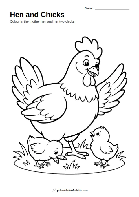 Line drawing of a mother hen with two baby chicks on the grass, ready to colour in