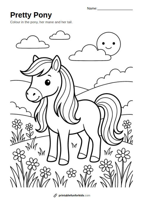 Line drawing of a pony with a flowing mane standing in a meadow, ready to colour in
