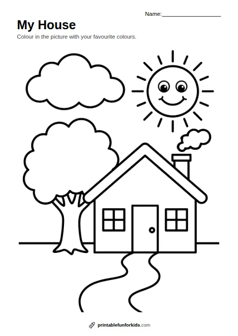 Line drawing of a house with a chimney, a tree, the sun and a cloud, ready to colour in