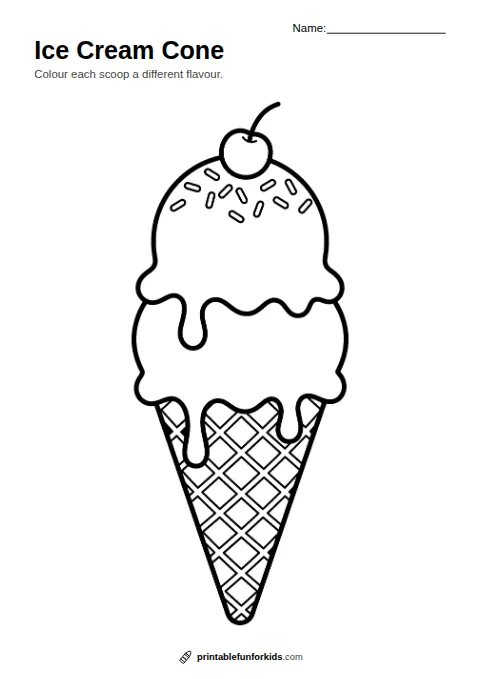 Line drawing of an ice cream cone with two scoops, sprinkles and a cherry, ready to colour in