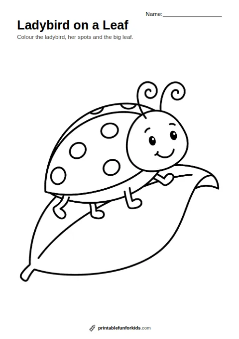 Line drawing of a smiling ladybird with spots walking on a big leaf, ready to colour in