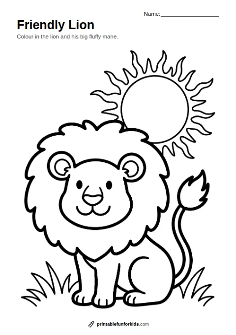 Line drawing of a smiling lion with a big round mane sitting under the sun, ready to colour in