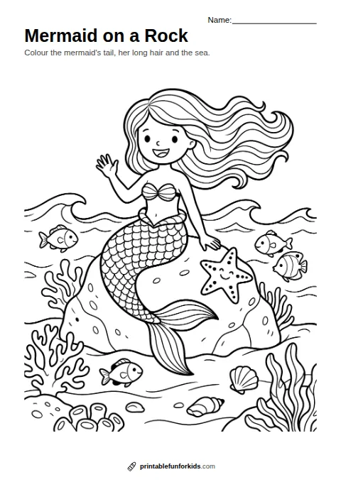 Line drawing of a smiling mermaid sitting on a rock in the sea and waving, ready to colour in