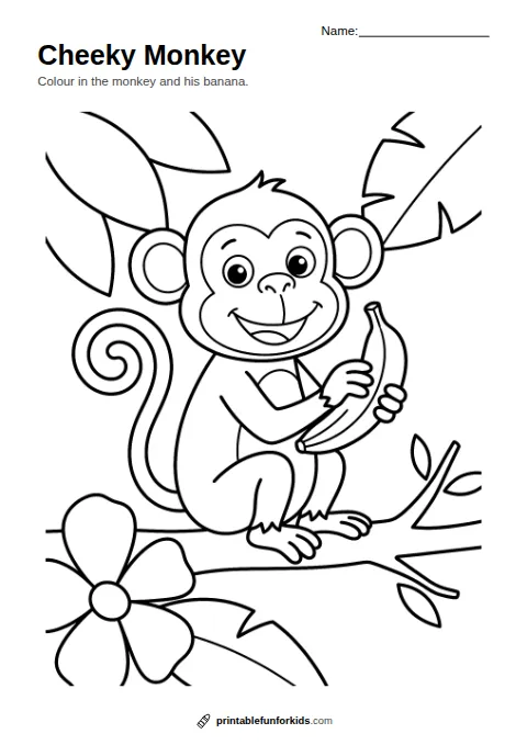 Line drawing of a cheeky monkey holding a banana with a curly tail, ready to colour in