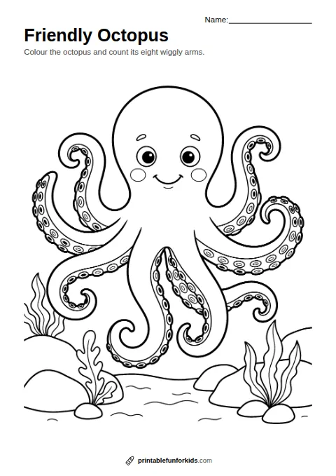 Line drawing of a smiling octopus with eight curly arms on the seabed, ready to colour in