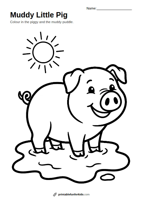 Line drawing of a smiling pig with a curly tail standing in a mud puddle, ready to colour in