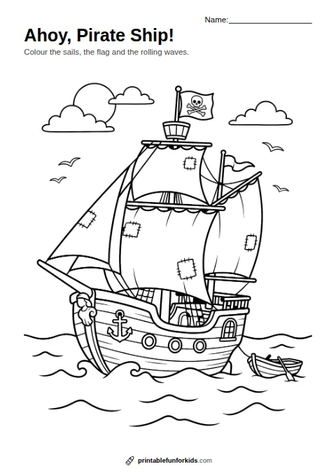 Line drawing of a pirate ship with two masts, sails and a flag sailing on waves, ready to colour in