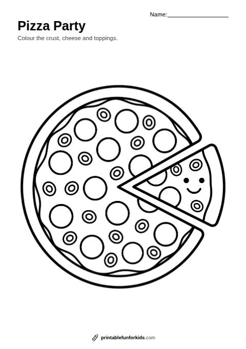 Line drawing of a pizza with pepperoni and olives and one smiling slice, ready to colour in