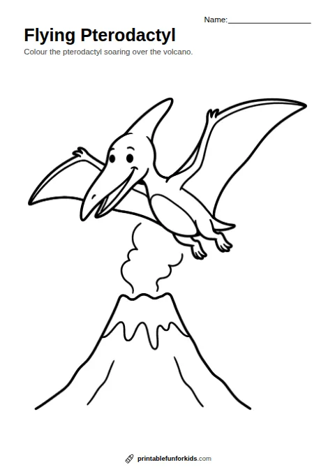 Line drawing of a pterodactyl flying with its wings spread wide, ready to colour in