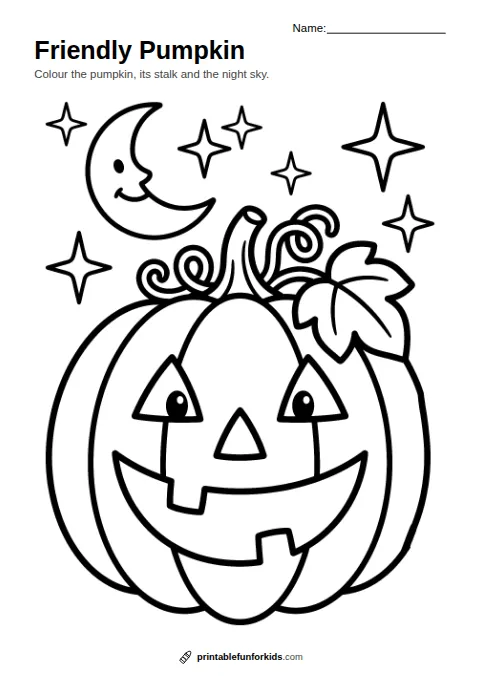 Line drawing of a smiling Halloween jack-o'-lantern pumpkin under the moon, ready to colour in