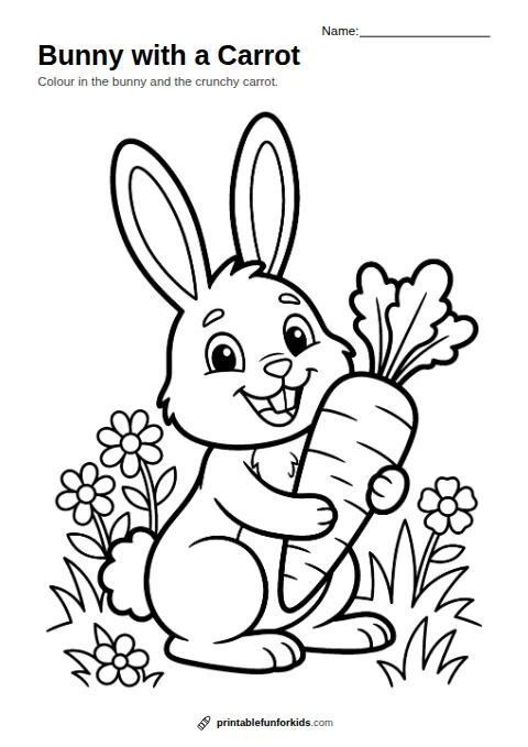Line drawing of a bunny holding a carrot with flowers and grass, ready to colour in