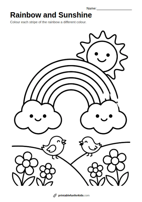 Line drawing of a rainbow between two clouds with a smiling sun and hills, ready to colour in