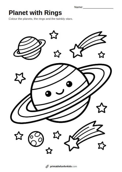 Line drawing of a ringed planet like Saturn with smaller planets and stars, ready to colour in