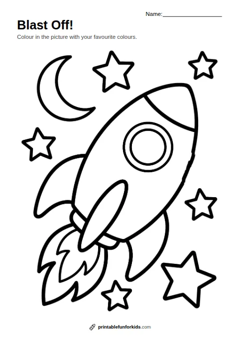 Line drawing of a rocket flying past stars and the moon, ready to colour in