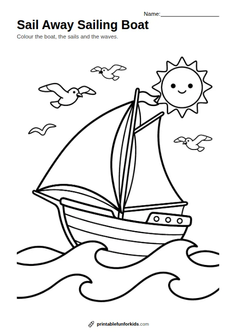 Line drawing of a sailing boat on the sea with seagulls and the sun, ready to colour in